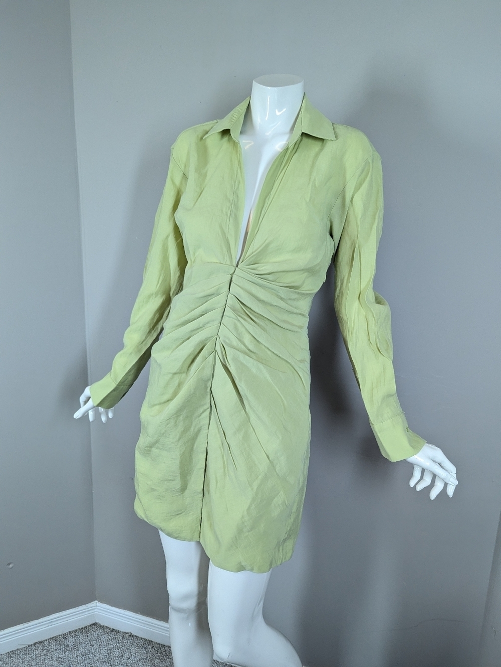 Zara Lime Green Ruched Mini Dress XS Fitted Shirt Dress Long Sleeve Summer Chic